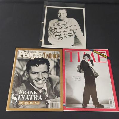 SIGNED FRANK SINATRA PHOTO AND PAIR OF MAGAZINE DEDICATING SINATRA LIFE