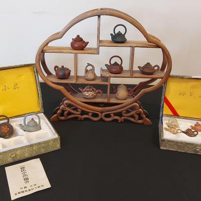 CHINESE MINIATURE CLAY TEAPOTS WITH DISPLAY STAND