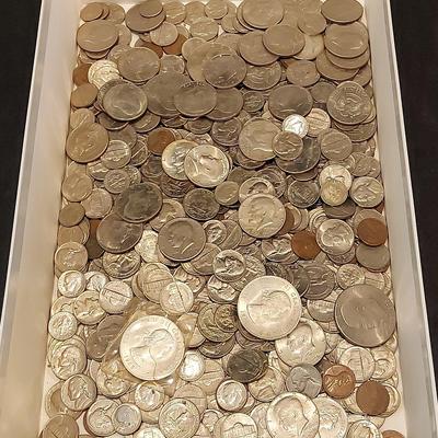 BOX FILLED WITH MIXED COINS