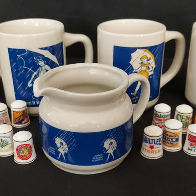 MORTON SALT COLLECTIBLE CUPS AND 24 NOSTALGIC BRAND THIMBLES