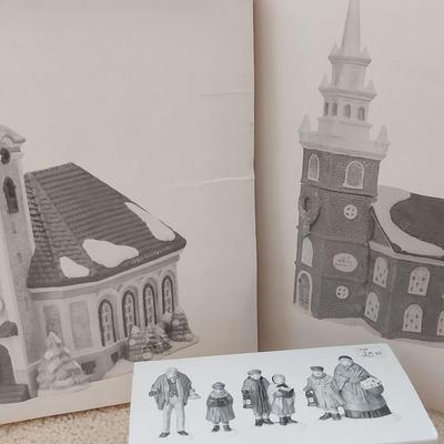 TWO CHRISTMAS VILLAGE CHURCHES FROM HERITAGE VILLAGE COLLECTION WITH CAROLERS