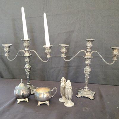 EXQUISITE SILVER CANDELABRAS, SALT & PEPPER SHAKERS, AND SUGAR BOWL & CREAME