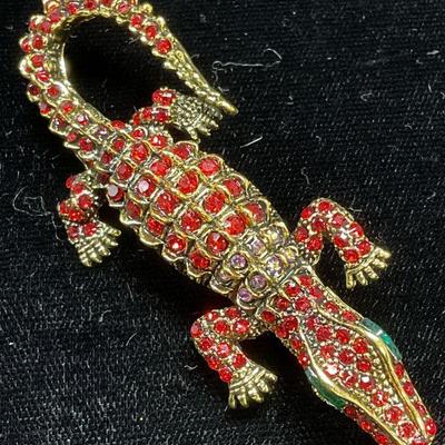 Gold Tone Crystal Alligator Brooch
