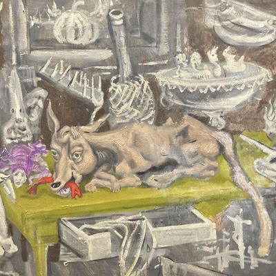 Interior Scene with Dog, Oil on Board Painting
