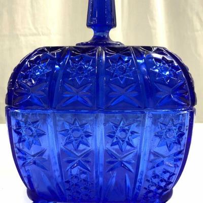 Footed Blue Art Glass Lidded Vessel
