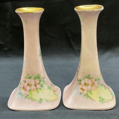 Pair PL Limoges Porcelain Floral Candle Holders
