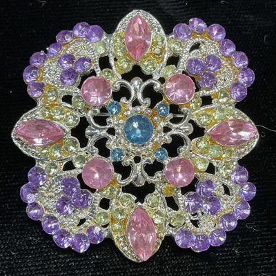 Vintage Silver Tone Pink Crystal Flower Brooch
