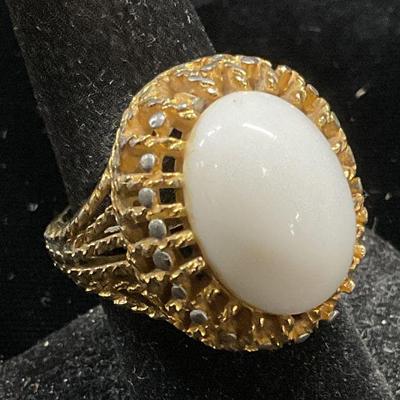 Vintage Gold Tone White Faux Stone Cocktail  Ring
