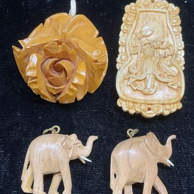 Lot 4 Carved Elephant, Figural, Flower Pendants
