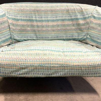 Vtg Patterned Upholstered Loveseat W Wood Legs
