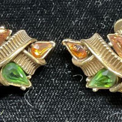 Vintage Gold Tone Green Crystal Earrings
