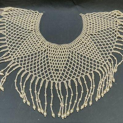Vtg White Faux Pearl Beaded Mesh Collar
