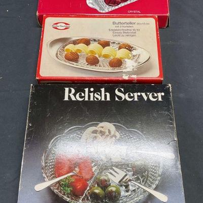 Lot 3 Vtg Butter Dish, Relish Dish + NIB

