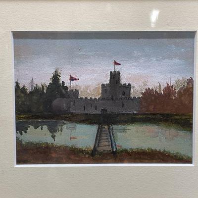 Framed Castle & Moat Gouache Painting
