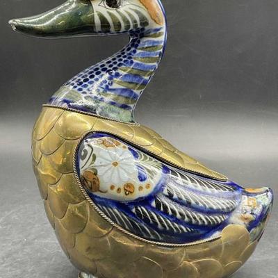 Vintage Folk Art Ceramic & Brass Duck Figural
