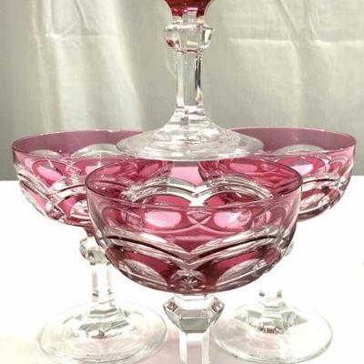 Set 4 Cranberry Art Glass Crystal Goblets
