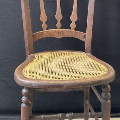 Vintage Carved Wood Frame Caned Seat Side Chair
