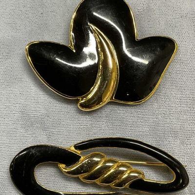 Lot 2 Vintage Gold Tone Black Enamel Brooches
