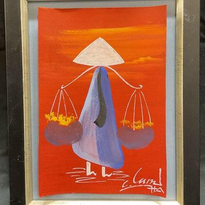 Signed Vietnamese Woman w Baskets Painting
