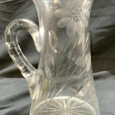 Cut Crystal Pitcher W Floral & Leaf Detail
