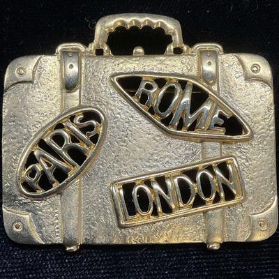 Vintage REN Gold Tone Suitcase Brooch

