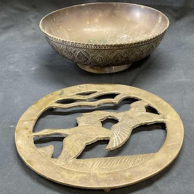 Lot 2 Vintage Brass Bird Trivet & Bowl
