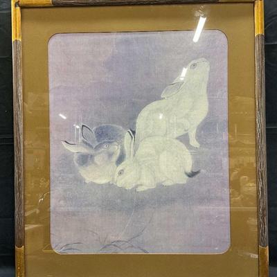 Framed Asian Style Print, Three Rabbits
