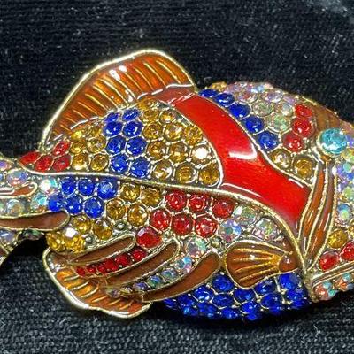 Gold Tone Crystal & Enamel Fish Brooch
