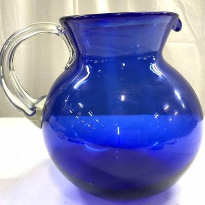 Hand blown Art Glass Pitcher Vessel Blue
