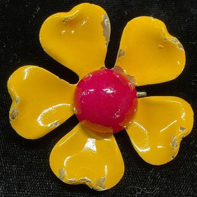 Vintage Yellow Red Enamel Flower Brooch
