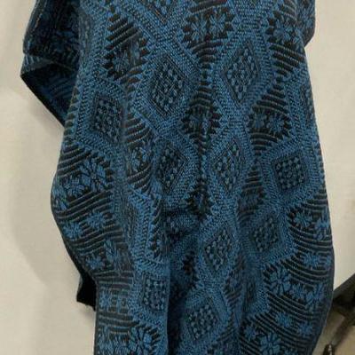 Vintage Blue & Black Patterned Poncho Shawl
