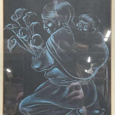 Signed JBH Mother & Child w Lilies, Drawing
