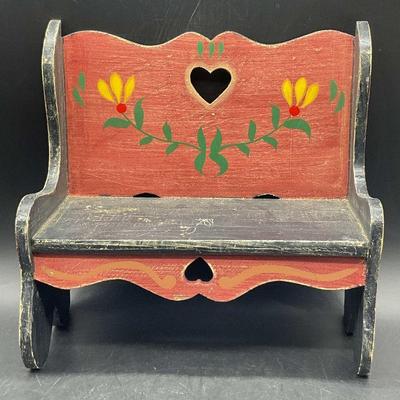 Hand Painted Floral Folk Art Wooden Doll Bench
