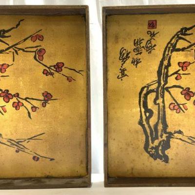 Pair Asian Wooden Serving Trays W Handles

