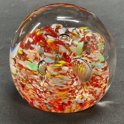 Hand Blown Red Green Swirl Art Glass Paperweight
