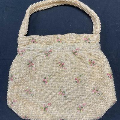 Vintage White Beaded Embroidered Floral Handbag
