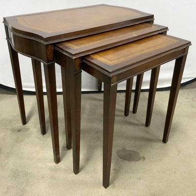 Vtg Set 3 Mahogany Leather Top Nesting Tables
