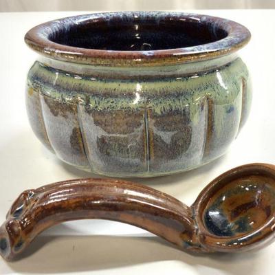 Lot 2 Signed Scalloped Ceramic Vessel & Ladle
