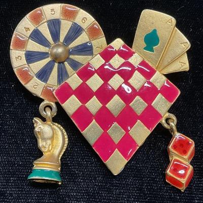 Vtg Gold Tn Enamel Casino Games Brooch
