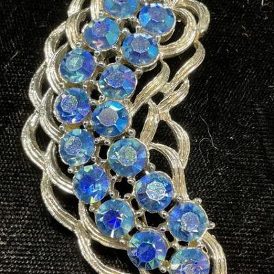 Vintage Silver Tone Blue Crystal Feather Brooch
