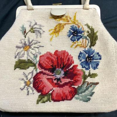 Vintage Floral Needlepoint Purse Tan
