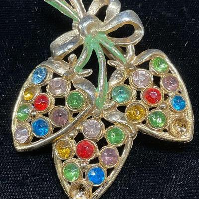 Vintage Gold Tone Crystal Strawberry Brooch
