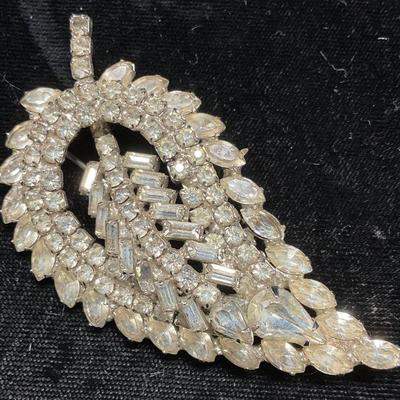 Vintage Silver Tone Crystal Leaf Brooch
