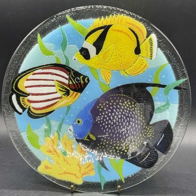 Signed Multicolored Fish Motif Art Glass Bowl
