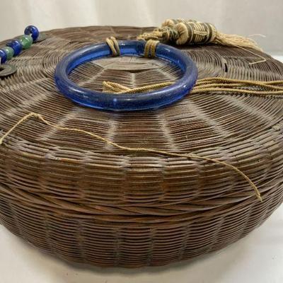 Vintage Asian Wicker Sewing Basket W Lid
