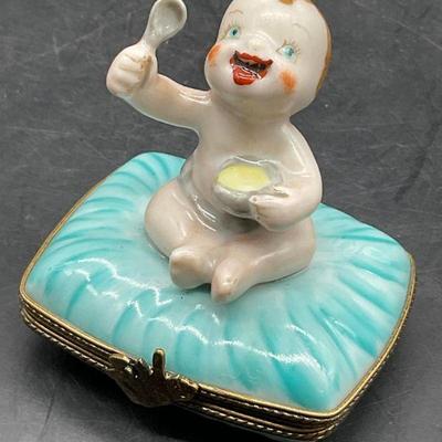 LIMOGES FRANCE Hand Painted Porc Baby Trinket Box
