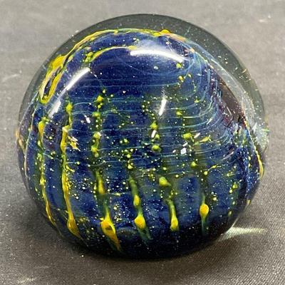 Hand Blown Blue & Yellow Art Glass Paperweight
