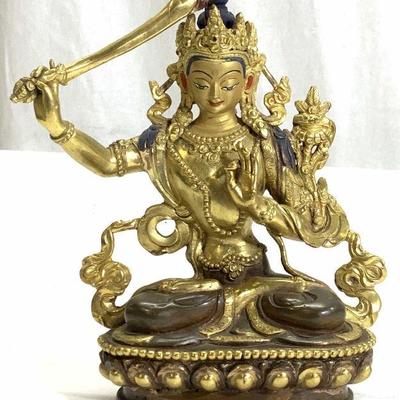 24K Gilded Copper Nepalese Manjushri Buddha Statue
