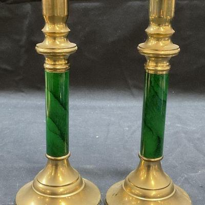 Pair Brass Green Faux Stone Candle Holders
