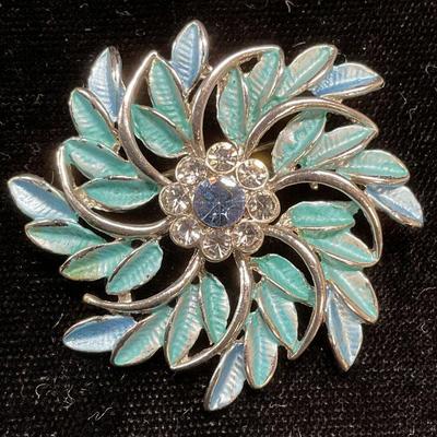 Vtg Silver Tn Enamel Crystal Flower Brooch
